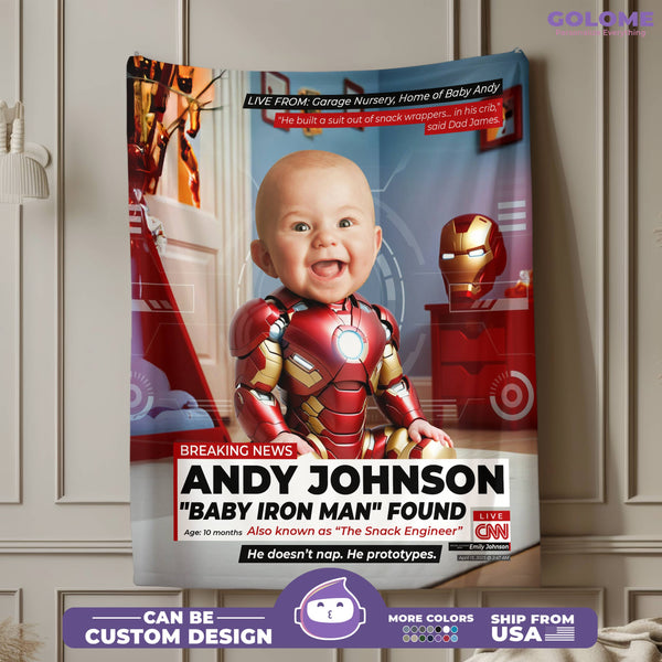 Personalized Baby Iron Man Blanket – CNN Style Superhero Design with Custom Photo & Quote